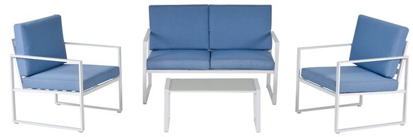 Set Salotto da Giardino Divano 2 Poltrone e Tavolino in Metallo Bianco e Blu