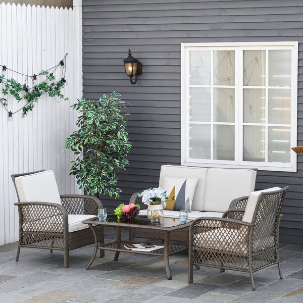 Set Salotto da Giardino Divano 2 Poltrone e Tavolino in Rattan Marrone