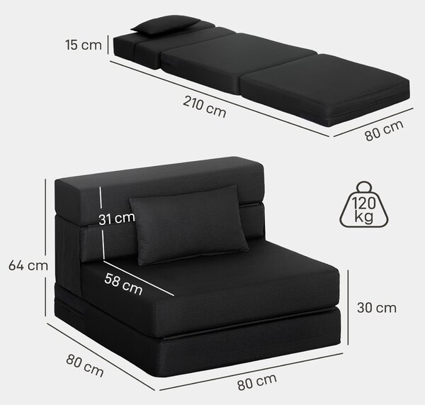 HOMCOM Poltrona convertibile 1 posto poltrona-letto pieghevole, cuscino incluso, per ospiti, soggiorno, piccoli spazi, portata 120 kg, nero | Aosom Italy