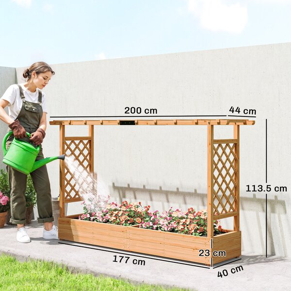 Outsunny Fioriera rialzata con traliccio laterale e superiore, vaso da fiori fori di drenaggio, 200x44x113,5cm, legno naturale | Aosom Italy