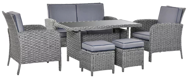Set da Giardino Divano 2 Poltrone 2 Sgabelli e Tavolo in Rattan Grigio