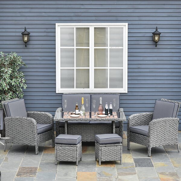 Set da Giardino Divano 2 Poltrone 2 Sgabelli e Tavolo in Rattan Grigio
