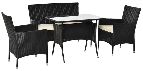 Set da Giardino Divano 2 Poltrone e Tavolo in Rattan Nero