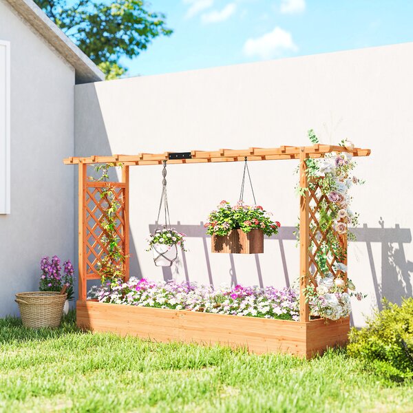 Outsunny Fioriera rialzata con traliccio laterale e superiore, vaso da fiori fori di drenaggio, 200x44x113,5cm, legno naturale | Aosom Italy