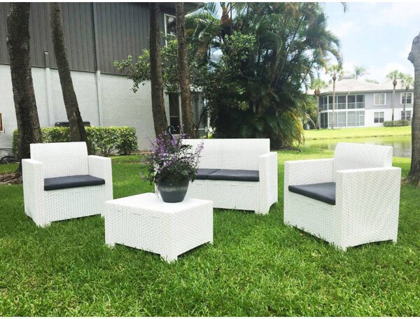 Set da Giardino Divano 2 Poltrone e Tavolino in Polipropilene Bianco