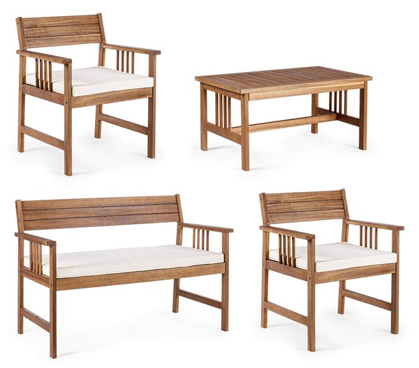 Set Salotto da Giardino Divano 2 Poltrone e Tavolino in Legno di Acacia Ecrù
