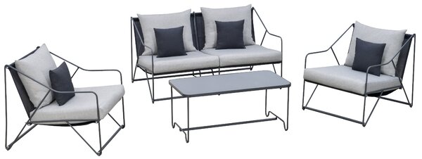 Set Salotto da Giardino Divano 2 Poltrone e Tavolino in Metallo e Textilene Grigio