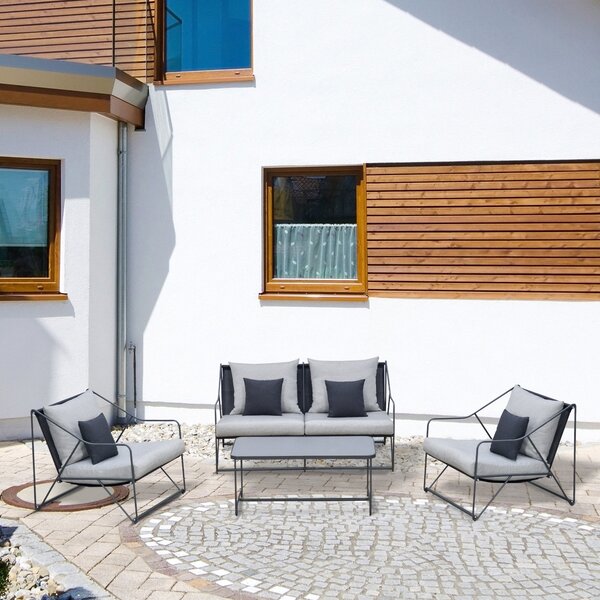 Set Salotto da Giardino Divano 2 Poltrone e Tavolino in Metallo e Textilene Grigio