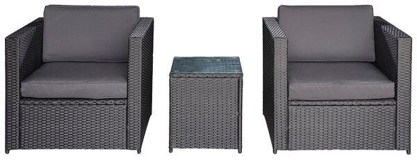Set Salotto da Giardino 2 Poltroncine e Tavolino con Cuscini in Rattan Nero