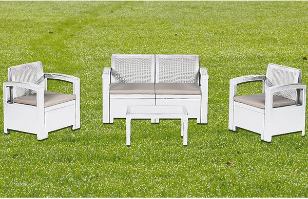 Salotto Set Divano con Poltrone e Tavolino in Resina Antiurto per Arredo Giardino Colore Bianco
