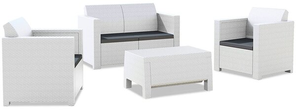 Salotto Set Divano con Poltrone e Tavolino in Resina Antiurto per Arredo Giardino Colore Bianco