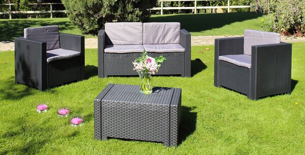 Set da Giardino Divano 2 Poltrone e Tavolino in Resina Bauer Antracite