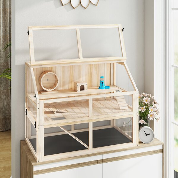 PawHut Gabbia per criceti in legno 3 piani Gabbia per roditori Gabbia per piccoli animali con dondolo, ruota e casetta 95 x 53 x 76 cm Legno naturale | Aosom Italy