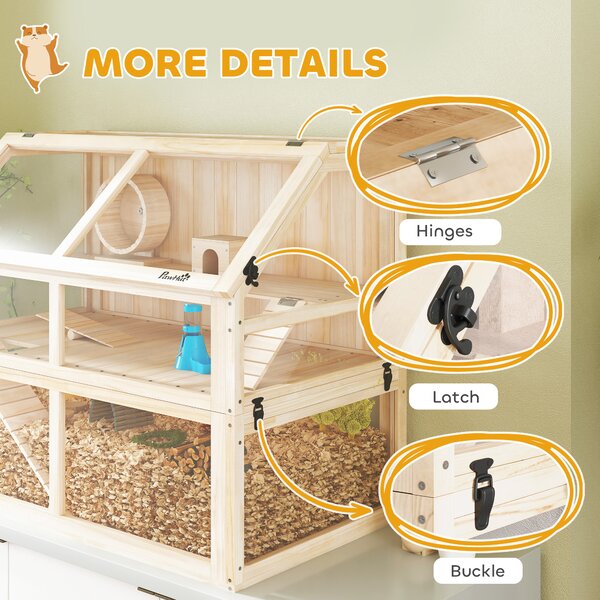 PawHut Gabbia per criceti in legno 3 piani Gabbia per roditori Gabbia per piccoli animali con dondolo, ruota e casetta 95 x 53 x 76 cm Legno naturale | Aosom Italy