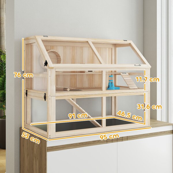PawHut Gabbia per criceti in legno 3 piani Gabbia per roditori Gabbia per piccoli animali con dondolo, ruota e casetta 95 x 53 x 76 cm Legno naturale | Aosom Italy