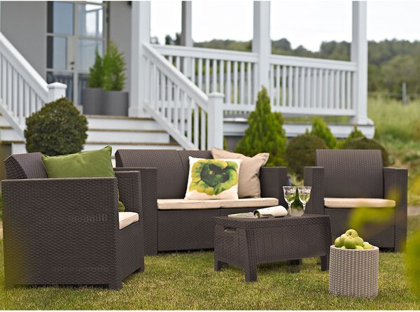 Salotto Set Divano con Poltrone e Tavolino in Resina Antiurto per Arredo Giardino Colore Marrone