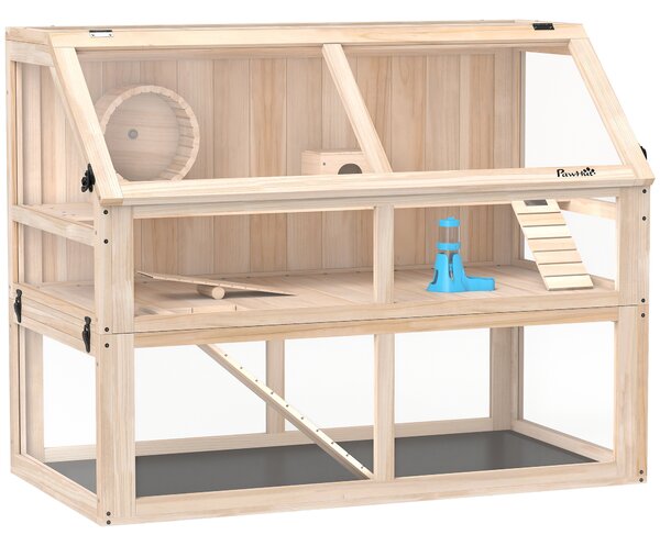 PawHut Gabbia per criceti in legno 3 piani Gabbia per roditori Gabbia per piccoli animali con dondolo, ruota e casetta 95 x 53 x 76 cm Legno naturale | Aosom Italy