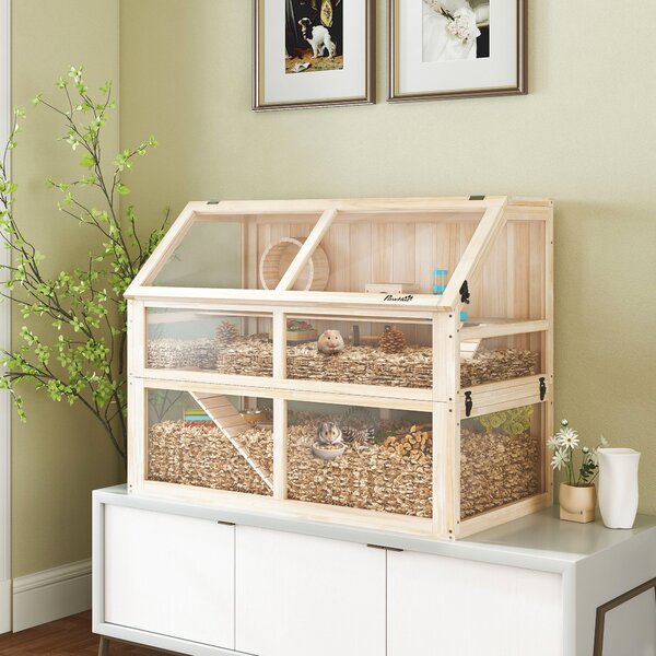PawHut Gabbia per criceti in legno 3 piani Gabbia per roditori Gabbia per piccoli animali con dondolo, ruota e casetta 95 x 53 x 76 cm Legno naturale | Aosom Italy