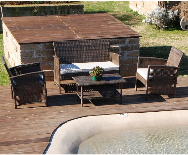 Set Salottino Polyrattan Color Caffe' Divano Poltrone Tavolino per Arredo Giardino Terrazzo