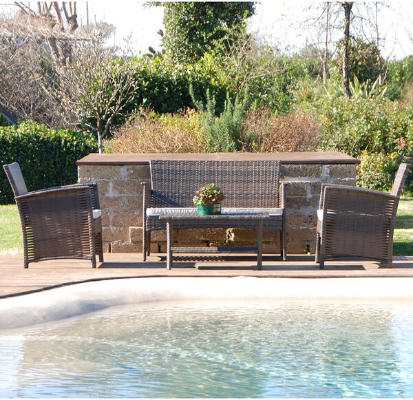 Set Salottino Polyrattan Color Caffe' Divano Poltrone Tavolino per Arredo Giardino Terrazzo