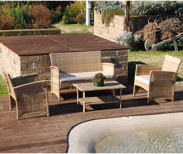 Set Salottino Polyrattan Color Naturale Divano Poltrone Tavolino per Arredo Giardino Terrazzo