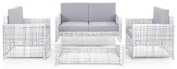 Set Salotto da Giardino Divano Tavolo 2 Poltrone in Polyrattan Bianco Bertozzi Dafne