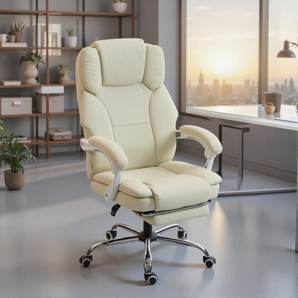 HOMCOM Sedia da ufficio reclinabile, sedia per scrivania, seduta girevole regolabile in altezza con poggiapiedi, 64 x 73 x 120 cm, Beige | Aosom Italy