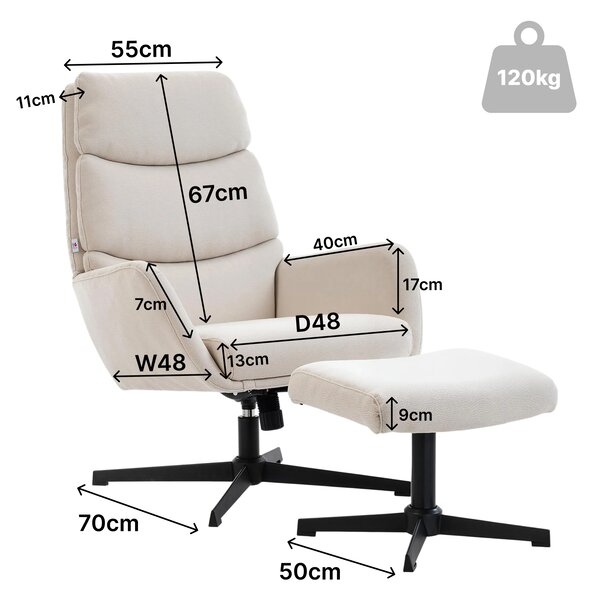HOMCOM Poltrona imbottita con poggiapiedi, poltrona lounge con schienale alto, base metallica, per soggiorno, camera da letto, Beige | Aosom Italy