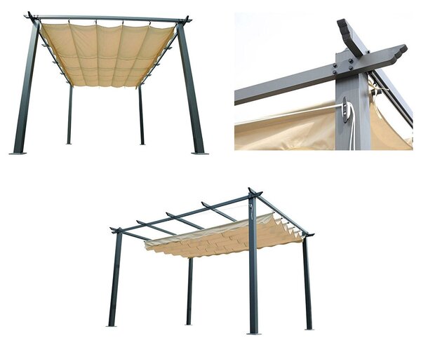 Gazebo a Pergola da Giardino in Alluminio 3x4 mt Telo Retrattile Bauer Panna