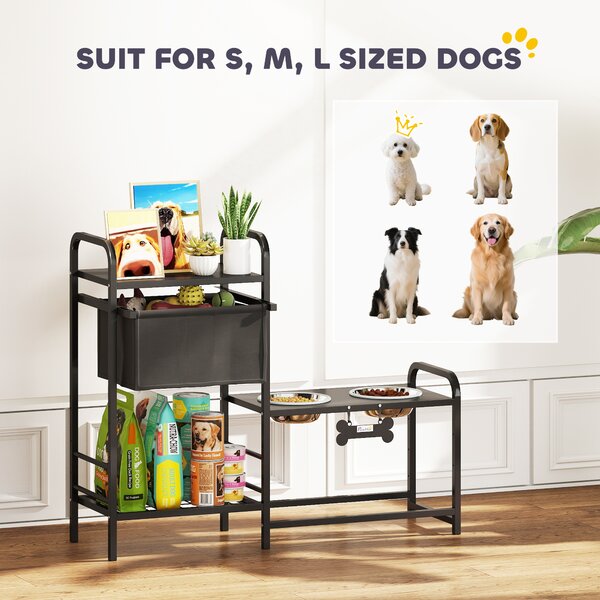 PawHut Ciotola rialzata per cani Regolabile in altezza Supporto con spazio di stoccaggio Ciotole 2 x 800ml in acciaio inossidabile 89,5x27x74 cm Nero | Aosom Italy
