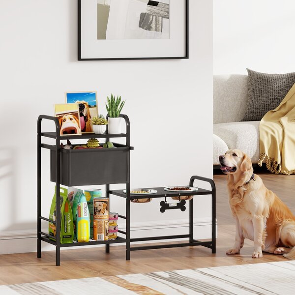 PawHut Ciotola rialzata per cani Regolabile in altezza Supporto con spazio di stoccaggio Ciotole 2 x 800ml in acciaio inossidabile 89,5x27x74 cm Nero | Aosom Italy