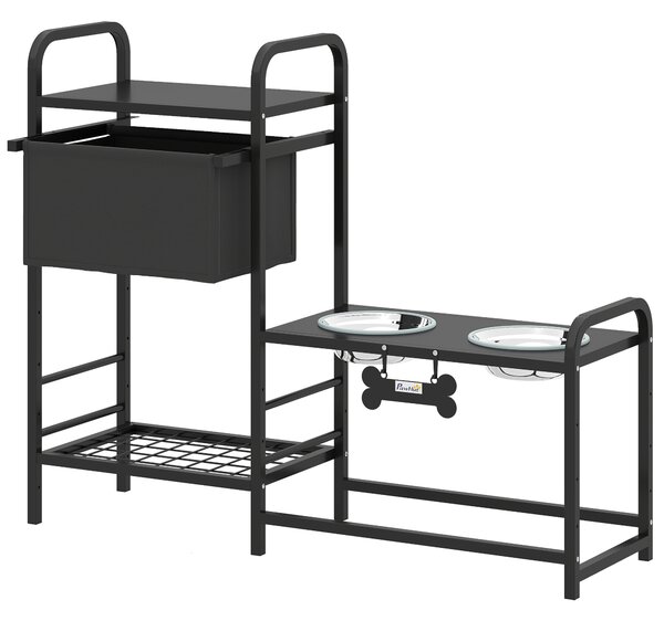 PawHut Ciotola rialzata per cani Regolabile in altezza Supporto con spazio di stoccaggio Ciotole 2 x 800ml in acciaio inossidabile 89,5x27x74 cm Nero | Aosom Italy