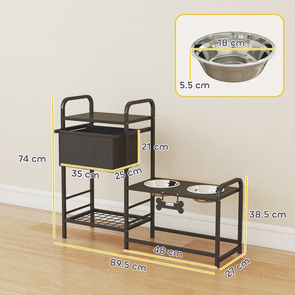 PawHut Ciotola rialzata per cani Regolabile in altezza Supporto con spazio di stoccaggio Ciotole 2 x 800ml in acciaio inossidabile 89,5x27x74 cm Nero | Aosom Italy
