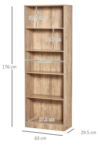 HOMCOM Libreria, scaffale di stoccaggio a 5 livelli con ripiani regolabili, 63 x 29,2 x 176 cm, legno naturale | Aosom Italy