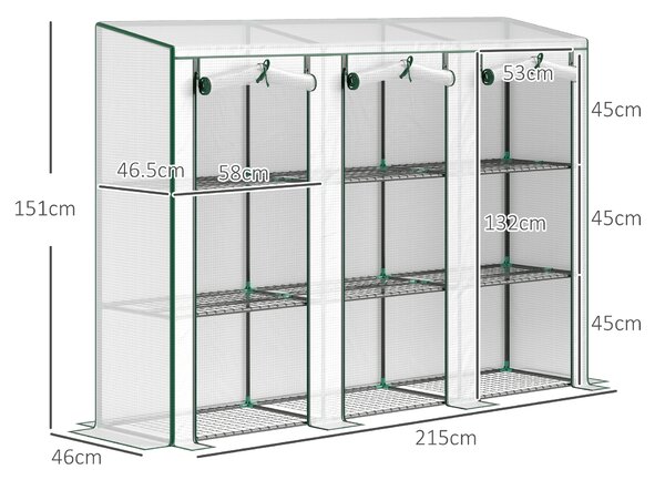 Outsunny Serra da giardino con ripiani a 3 livelli serra da balcone 3 porte avvolgibili con cerniera 215 x 46 x 151 cm bianco | Aosom Italy
