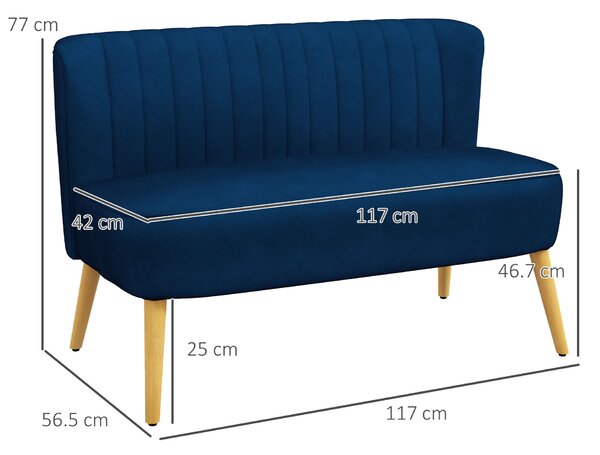 HOMCOM Divano design retrò 2 posti, gambe in legno, 117 cm x 56,5 cm x 77 cm, Blu | Aosom Italy