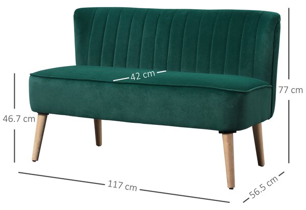 HOMCOM Divano design retrò 2 posti, gambe in legno, 117 cm x 56,5 cm x 77 cm, Verde scuro | Aosom Italy