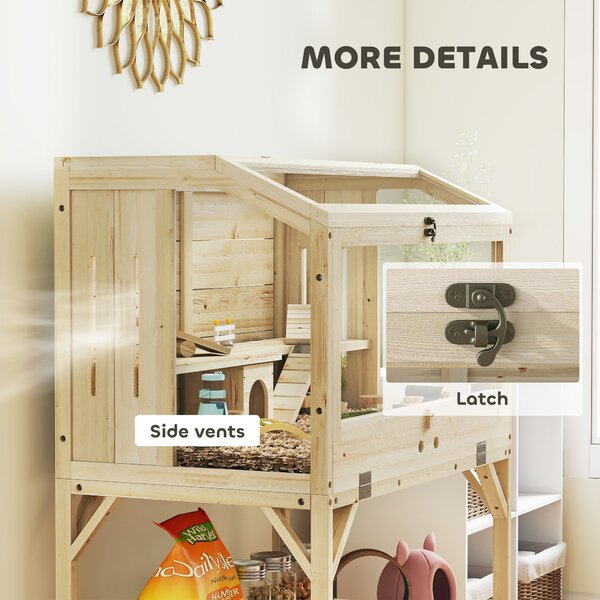 PawHut Gabbia per criceti, 2 livelli, gabbia per piccoli animali con vano portaoggetti, accessori, 84 x 53 x 110 cm, Legno naturale | Aosom Italy