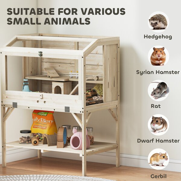 PawHut Gabbia per criceti, 2 livelli, gabbia per piccoli animali con vano portaoggetti, accessori, 84 x 53 x 110 cm, Legno naturale | Aosom Italy