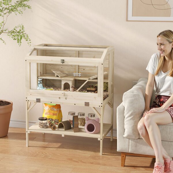 PawHut Gabbia per criceti, 2 livelli, gabbia per piccoli animali con vano portaoggetti, accessori, 84 x 53 x 110 cm, Legno naturale | Aosom Italy