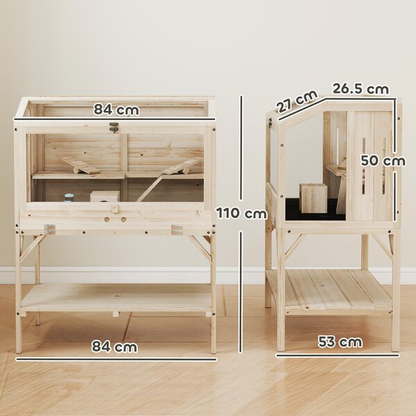 PawHut Gabbia per criceti, 2 livelli, gabbia per piccoli animali con vano portaoggetti, accessori, 84 x 53 x 110 cm, Legno naturale | Aosom Italy