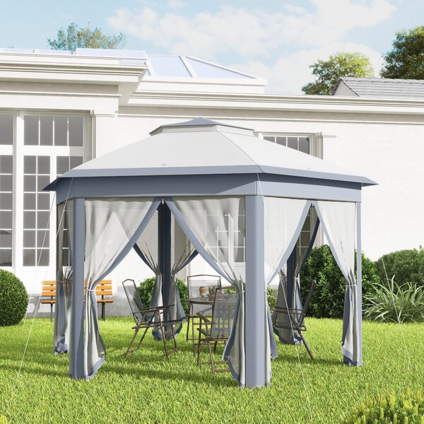 Outsunny Tenda Pieghevole 4x3,4 m con Doppio Tetto 6 Zanzariere Rimovibili e Borsa di Trasporto Anti-UV Grigio | Aosom Italy