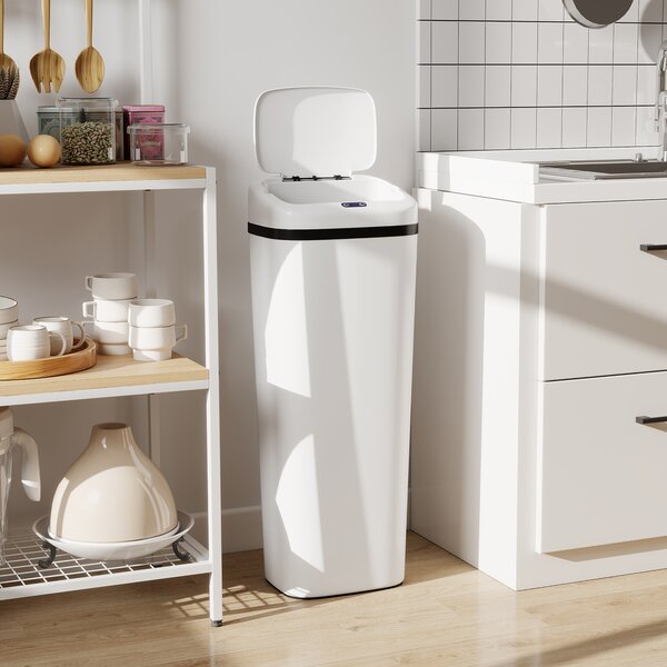 HOMCOM Cestino Automatico per Cucina 50 L Stretto in Acciaio Inox con Sensore a Infrarossi Modalità Manuale Anti-impronte Bianco | Aosom Italy