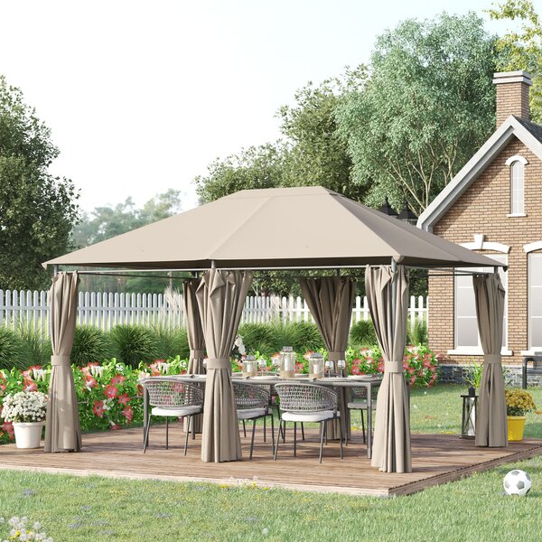 Gazebo da Giardino 4x3m in Acciaio Tende Laterali Cachi