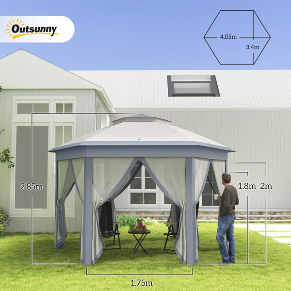 Outsunny Tenda Pieghevole 4x3,4 m con Doppio Tetto 6 Zanzariere Rimovibili e Borsa di Trasporto Anti-UV Grigio | Aosom Italy