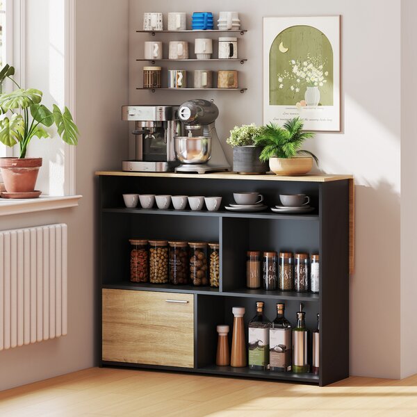 HOMCOM Tavolo da bar estensibile con ribaltina, tavolo alto da cucina, 1 armadietto e 4 scomparti aperti, 116x79,6x90,5cm, nero | Aosom Italy