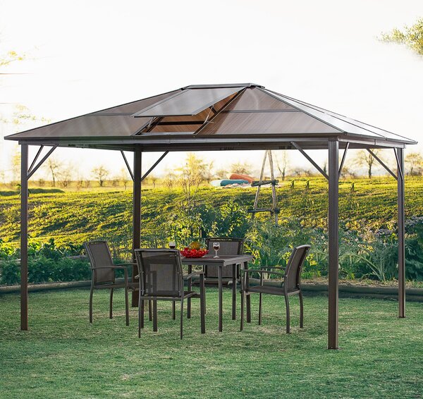 Gazebo da Giardino 3,45x2,8m con Tettuccio in Policarbonato Apribile Marrone