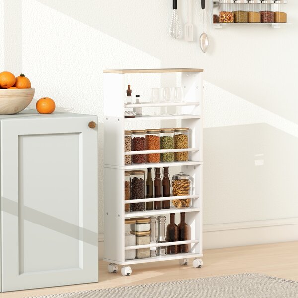 HOMCOM Scaffale multifunzione con ruote, struttura sottile, 4 scomparti, 45x15x91 cm, Legno naturale | Aosom Italy