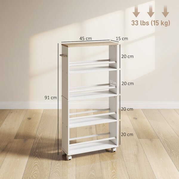 HOMCOM Scaffale multifunzione con ruote, struttura sottile, 4 scomparti, 45x15x91 cm, Legno naturale | Aosom Italy