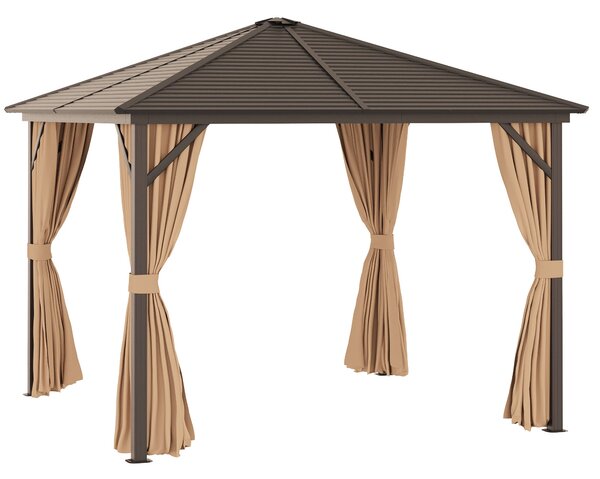 Gazebo da Giardino con Zanzariera Tende Laterali e Tetto Rigido 2,98x2,98m in Alluminio Marrone